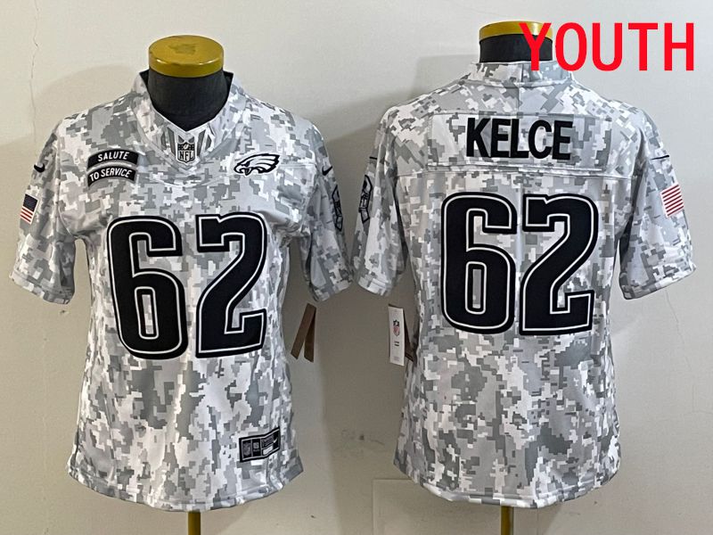 Youth Philadelphia Eagles 62 Kelce Nike Arctic Camo 2025 Salute to Service Limited NFL Jersey style 1